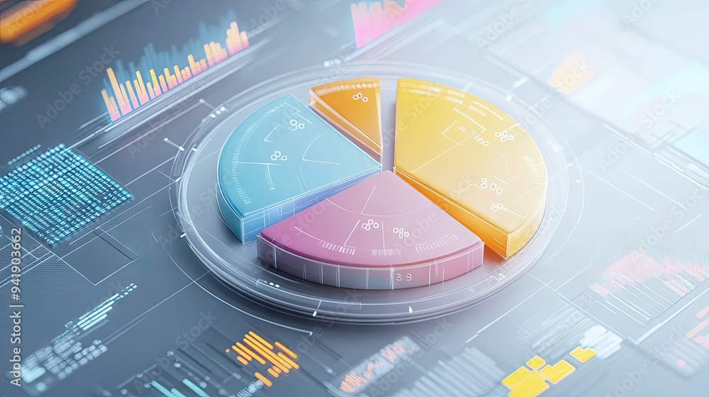 Poster interactive 3d pie chart with floating labels and percentages, digital interface elements surroundin