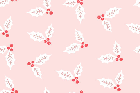 Holly berry seamless pattern, pink texture with red berries, Christmas gift wrapping paper