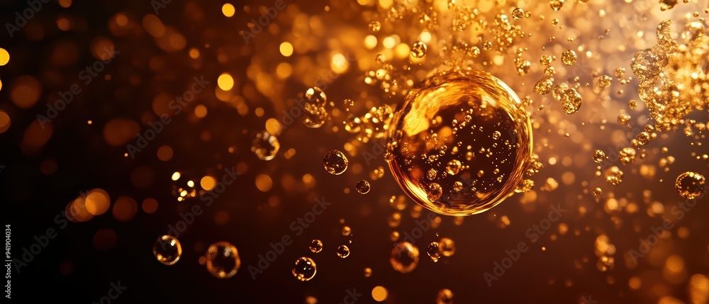 Poster a mesmerizing macro shot of a golden bubble surrounded by sparkling droplets, perfect for conveying 