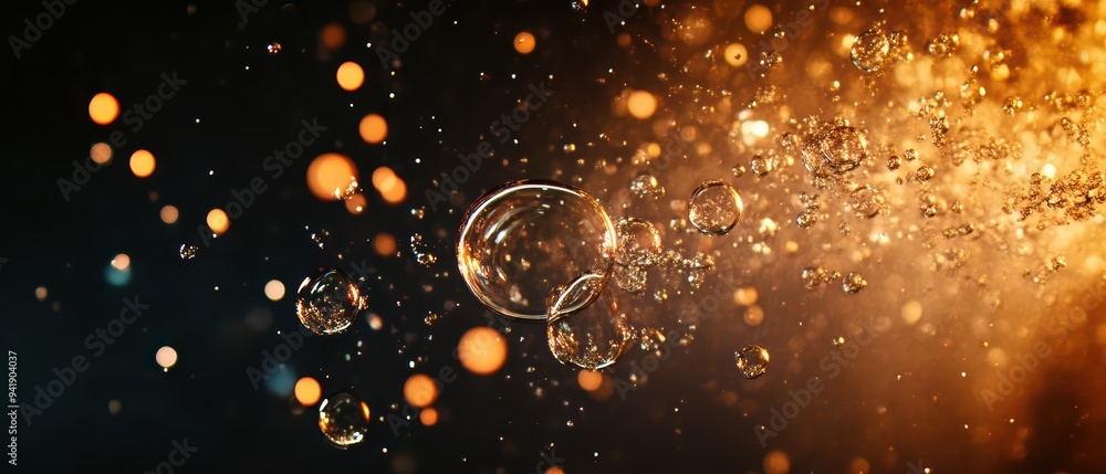 Poster a mesmerizing scene of floating bubbles illuminated by warm golden lights, creating a dreamy and atm