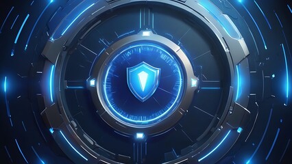 Security technology concept with futuristic shield icon in the center of blue background with light effects