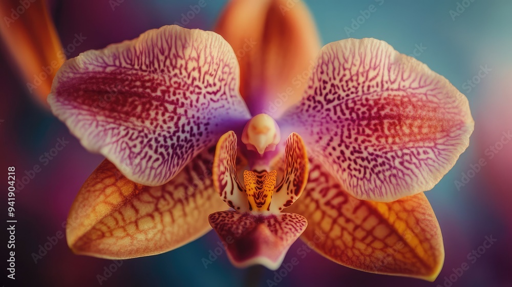Poster macro image of an orchid, emphasizing its unique patterns and velvety petals -