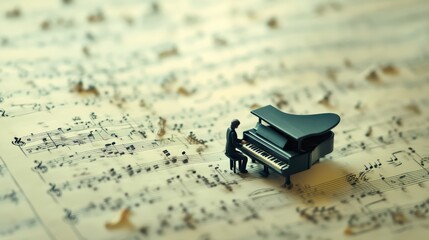 A miniature figure playing a piano atop a sheet of detailed music notation, capturing the essence of musical creativity.