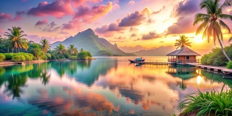 Serene Paradise: Idyllic, Dreamlike, Soft Focus, Pastel Colors, Tranquil Ambiance