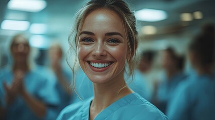 happy doctors nurses and other medical staff clapping in hospital portrait.illustration