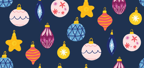 Christmas decor balls and baubles pattern, gift wrapping paper design, flat vector illustrtation of stars and retro decorations on blue background