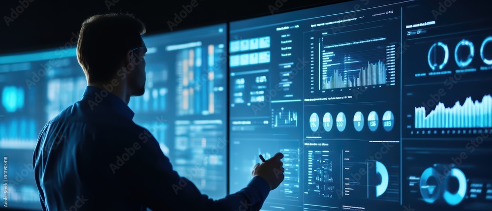 Poster a professional analyzing data on a futuristic digital interface, showcasing graphs and statistics fo