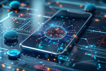 A cell phone is displayed on a circuit board with a glowing virus