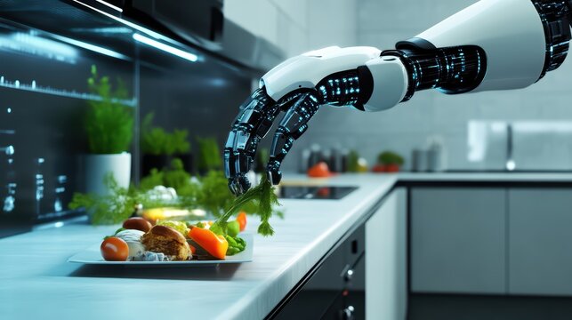 A robotic hand delicately garnishing a gourmet dish in a modern kitchen, blending culinary innovation with technology.