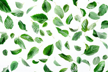 A white background with green leaves scattered all over it