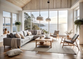 Fototapeta premium Serene Scandinavian Coastal Retreat: Minimalist, light colors, natural elements, organic shapes, functional