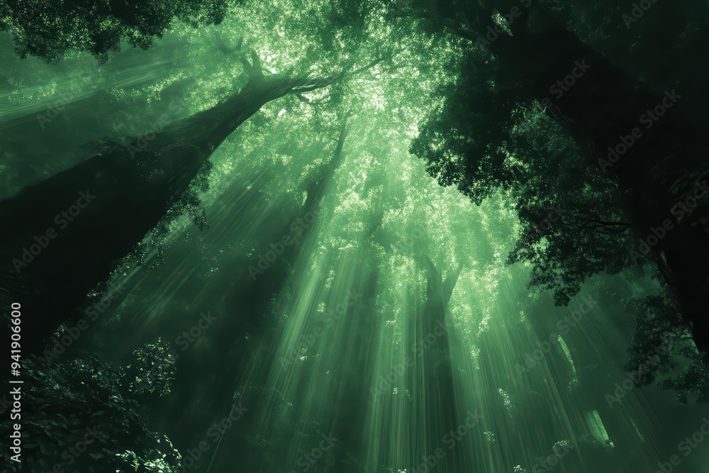 Poster a serene forest scene with towering trees filtering sunlight through lush green leaves, creating a t