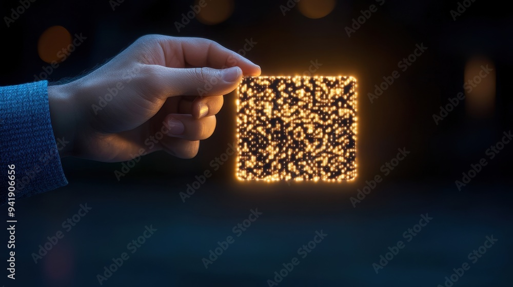 Aufkleber a glowing qr code held in hand, symbolizing technology and digital interactions in a modern setting.
