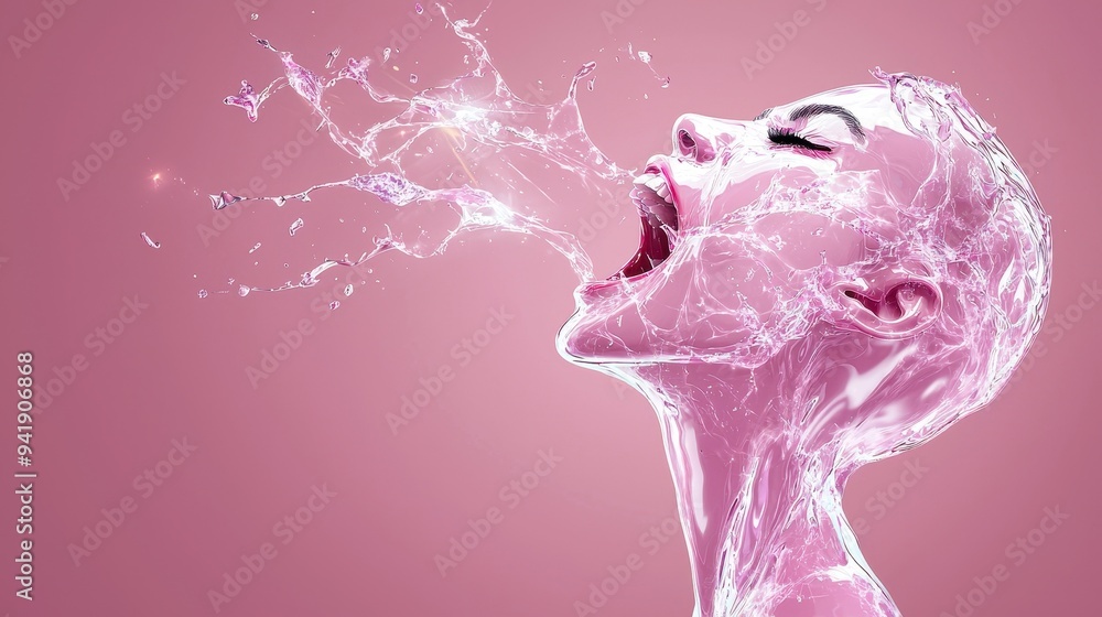 Poster a striking image of a figure in mid-scream, surrounded by dynamic splashes of water against a soft p