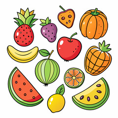 Fruit Doodles Clip Art Set on White Background