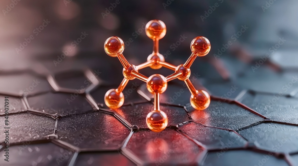 Poster a vibrant 3d molecular structure on a hexagonal surface, showcasing intricate connections and scient