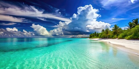 Serene Shores: Tranquil, ethereal, turquoise waters, soft white sands, calming