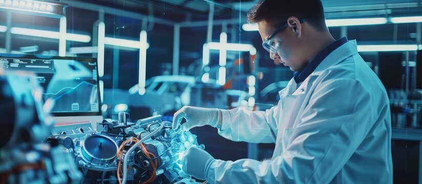 A scientist is performing experiments in a modern laboratory using hightech equipment and advanced scientific instruments under neon lights, with a focus on innovation and discovery