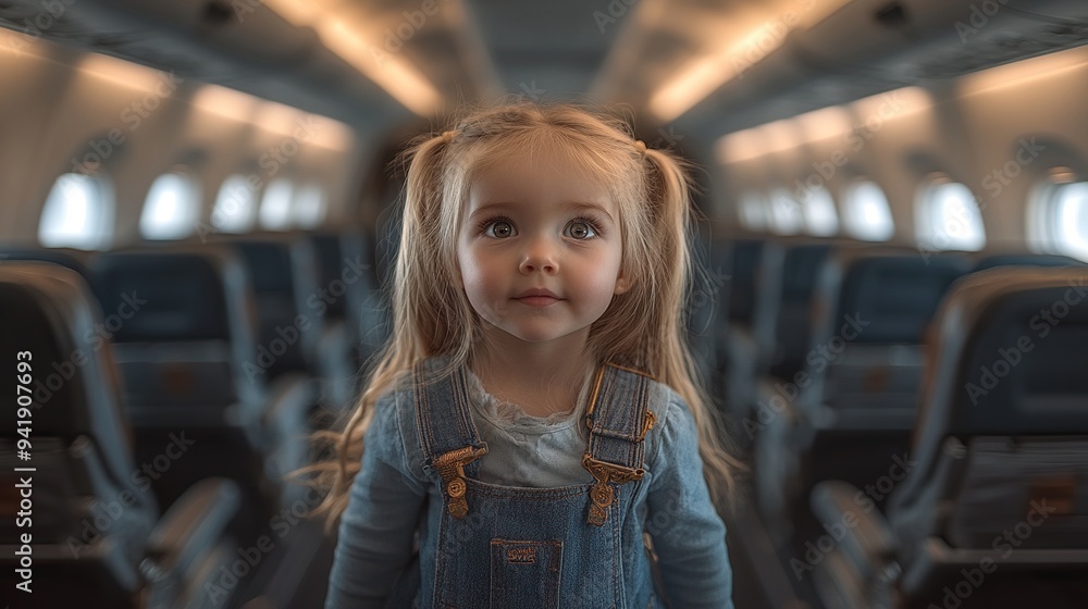 Wall mural little girl standing in the aisle in rear view of the plane.stock image