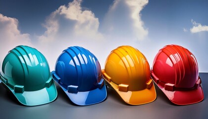 Construction helmet and gloves. Colorful Hard Hats on Wooden Surface.