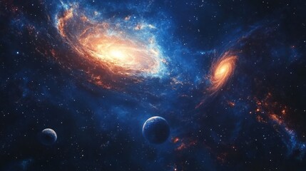 Obraz premium Two Spiral Galaxies and Planets in a Starry Cosmos
