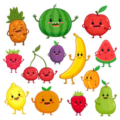 Set of cartoon fruit characters. Cute pineapple, watermelon, apple, strawberry, cherry, banana, pear, lemon, orange, apricot, raspberry, plum with arms and legs for kids. Food illustration. Vector