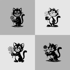 A simple black cartoonish sketch cat figure with a smiling face and holding a flower