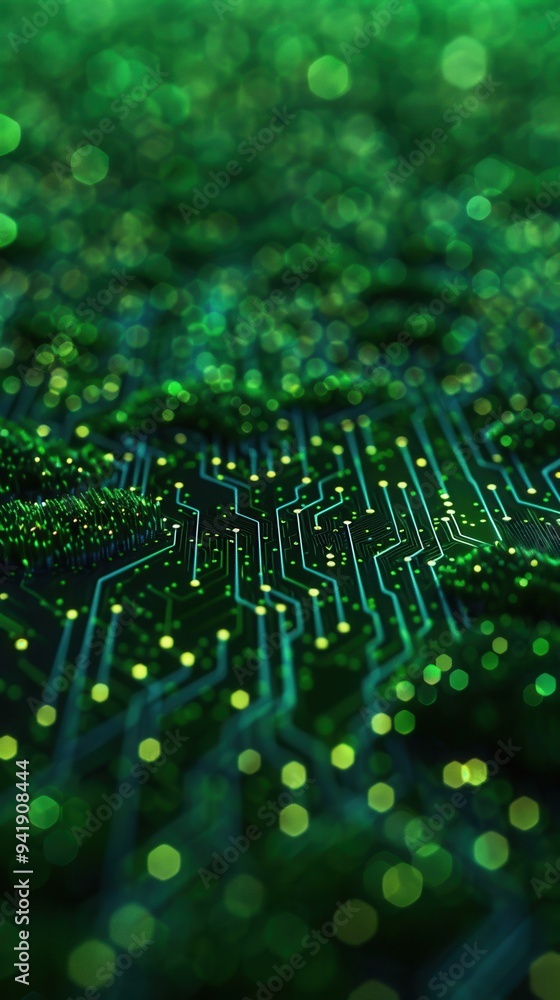 Poster abstract green digital circuit board pattern with glowing lights, representing technology, innovatio