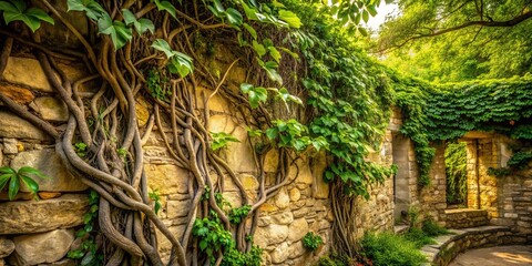 Delicate, intertwined vines with lush green leaves cover a worn, ancient stone wall, creating a serene and enchanting atmosphere in a secluded outdoor setting.