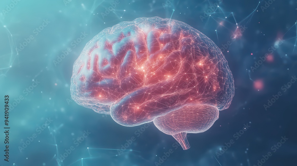 Poster a vibrant digital representation of a brain, showcasing neural connections and synapses in a futuris