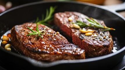 Sizzling steak in a hot cast-iron skillet, with garlic and rosemary, creating a mouth-watering aroma