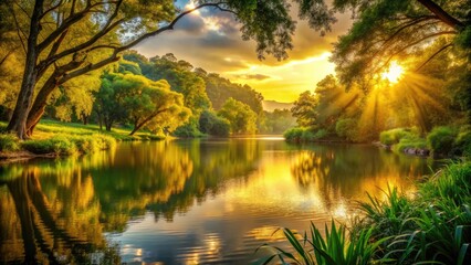 Obraz premium Serene Yellow Radiance: Tranquil, calming, golden glow, water reflections, lush greenery