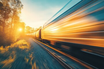 A vibrant motion blur of a train speeding along a rural track at sunset, capturing the essence of adventure and travel.