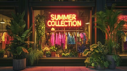 A store front with a neon sign in the window advertising summer collection.