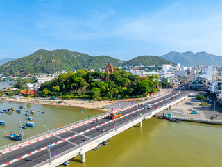 Aerial shot of Po Nagar Ancient Tower, Nha Trang City, Vietnam.