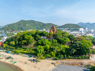 Aerial shot of Po Nagar Ancient Tower, Nha Trang City, Vietnam.