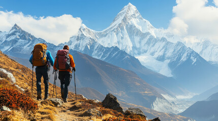 Obraz premium Two Hikers on a Mountain Trail with Breathtaking Views