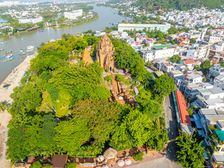 Aerial shot of Po Nagar Ancient Tower, Nha Trang City, Vietnam.