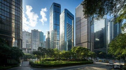 Fototapeta premium A panoramic shot of high-rise office buildings in the city center, with a mix of modern and classic architectural styles.