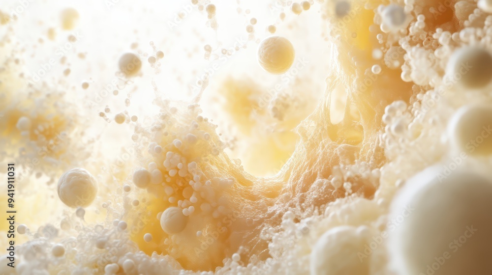 Poster abstract representation of bubbles and foam in soft yellow tones, creating a dynamic and ethereal ba
