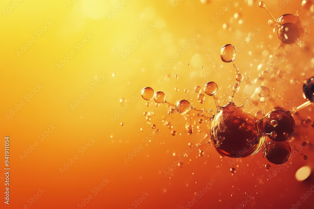 Poster abstract splash of water droplets in warm orange tones, creating dynamic textures and vibrant visual