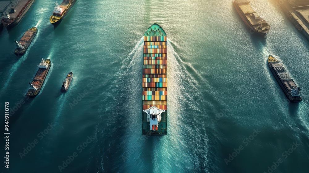 Poster aerial view of a cargo ship navigating through a busy port, surrounded by containers and vessels in 