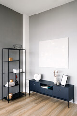 Modern minimalist living room arrangement with storage shelves and decorative elements