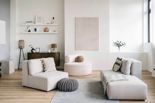 Modern living room with minimalist furniture and neutral decor