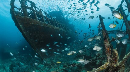 Fototapeta premium A panoramic view of a dense shoal of fish swimming near a shipwreck, with the underwater structure providing a dramatic backdrop.