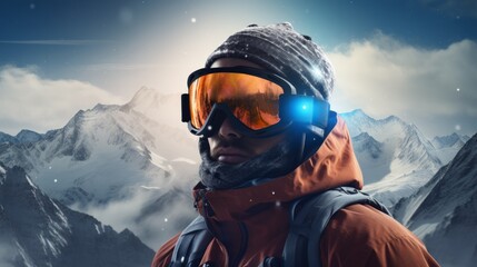Snowboarding ski mask glasses with reflection of snowy mountains. Neural network ai generated art
