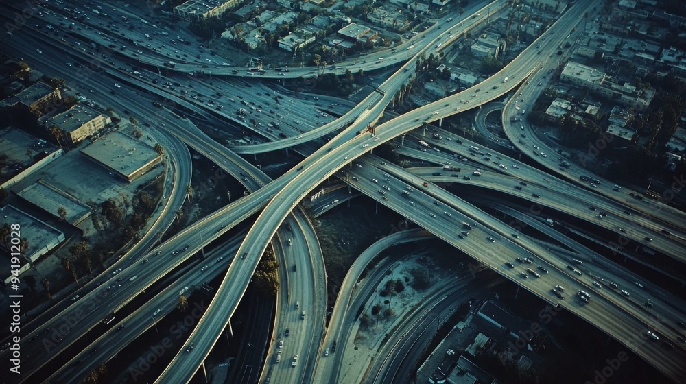 Poster a panoramic view of a highway interchange with multiple roads and ramps, showcasing the complexity o