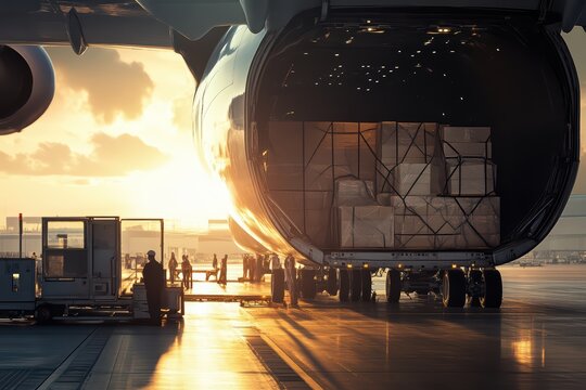 Cargo being unloaded from an airplane at sunset, showcasing the logistics of air transport and efficient operations.