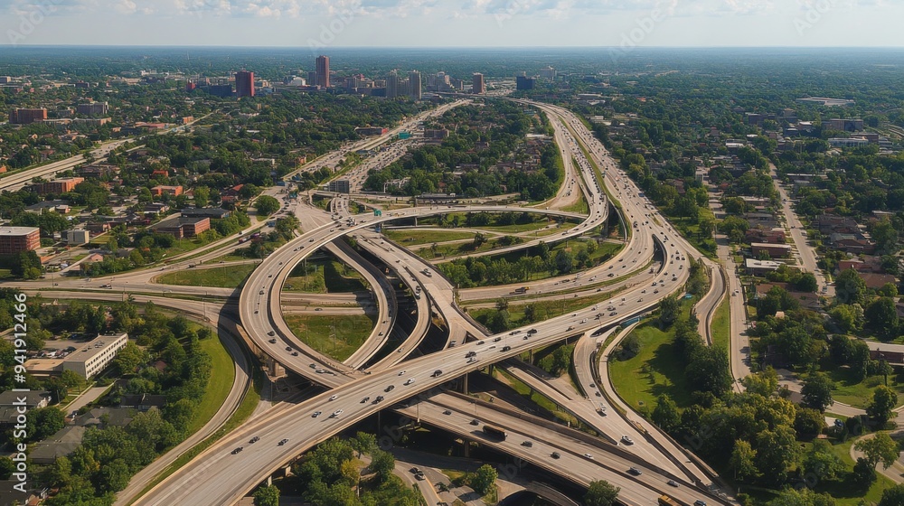 Poster a panoramic view of a highway interchange with multiple roads and ramps, showcasing the complexity o