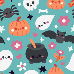 Seamless vector cozy pattern with vector halloween and magical elements. Cute background design.